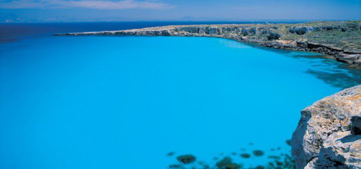 Aerial view of the beautiful Cala Rossa beach on the island of Favignana.